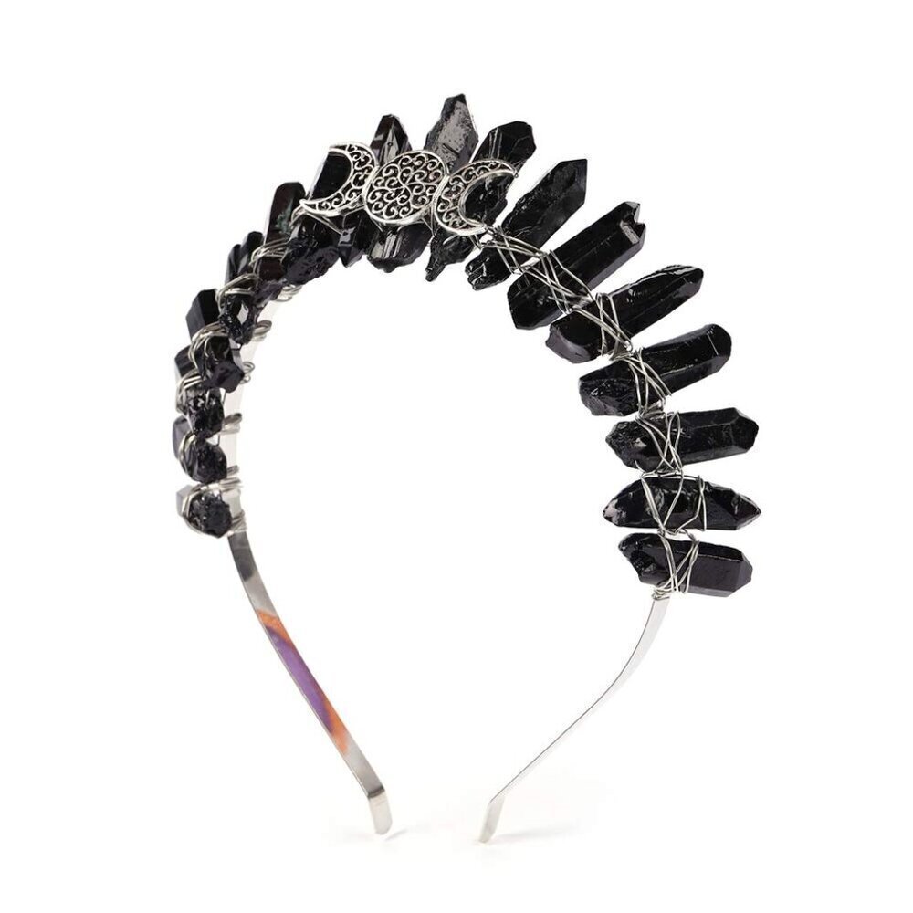 Black Raw Crystal Tiara Headband, Natural Quartz Moon Goddess Witch Fashion Hair